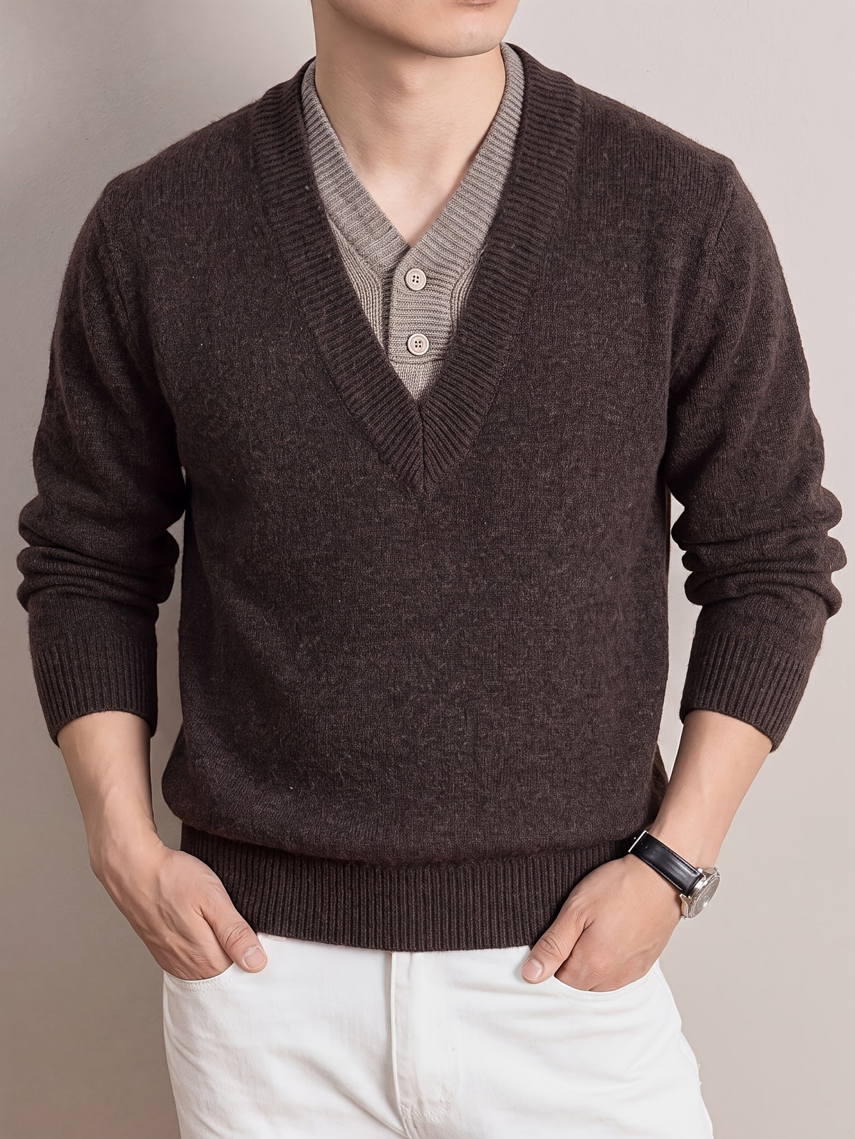 Autumn/Winter Thickened V-Neck Sweater, Men's Warm Casual Knit Top, Suitable for Daily Commuting and Business - Coffee Color