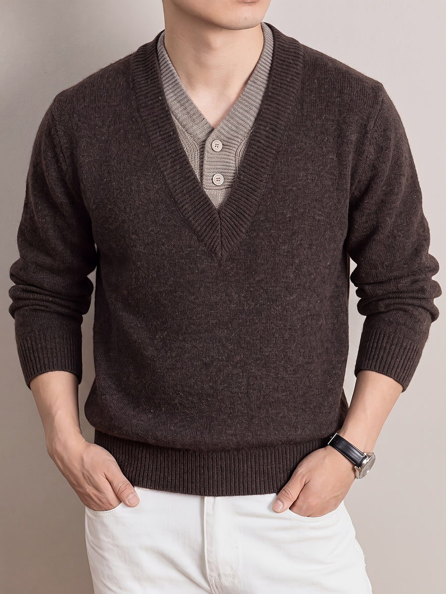 Autumn/Winter Thickened V-Neck Sweater, Men's Warm Casual Knit Top, Suitable for Daily Commuting and Business - Coffee Color
