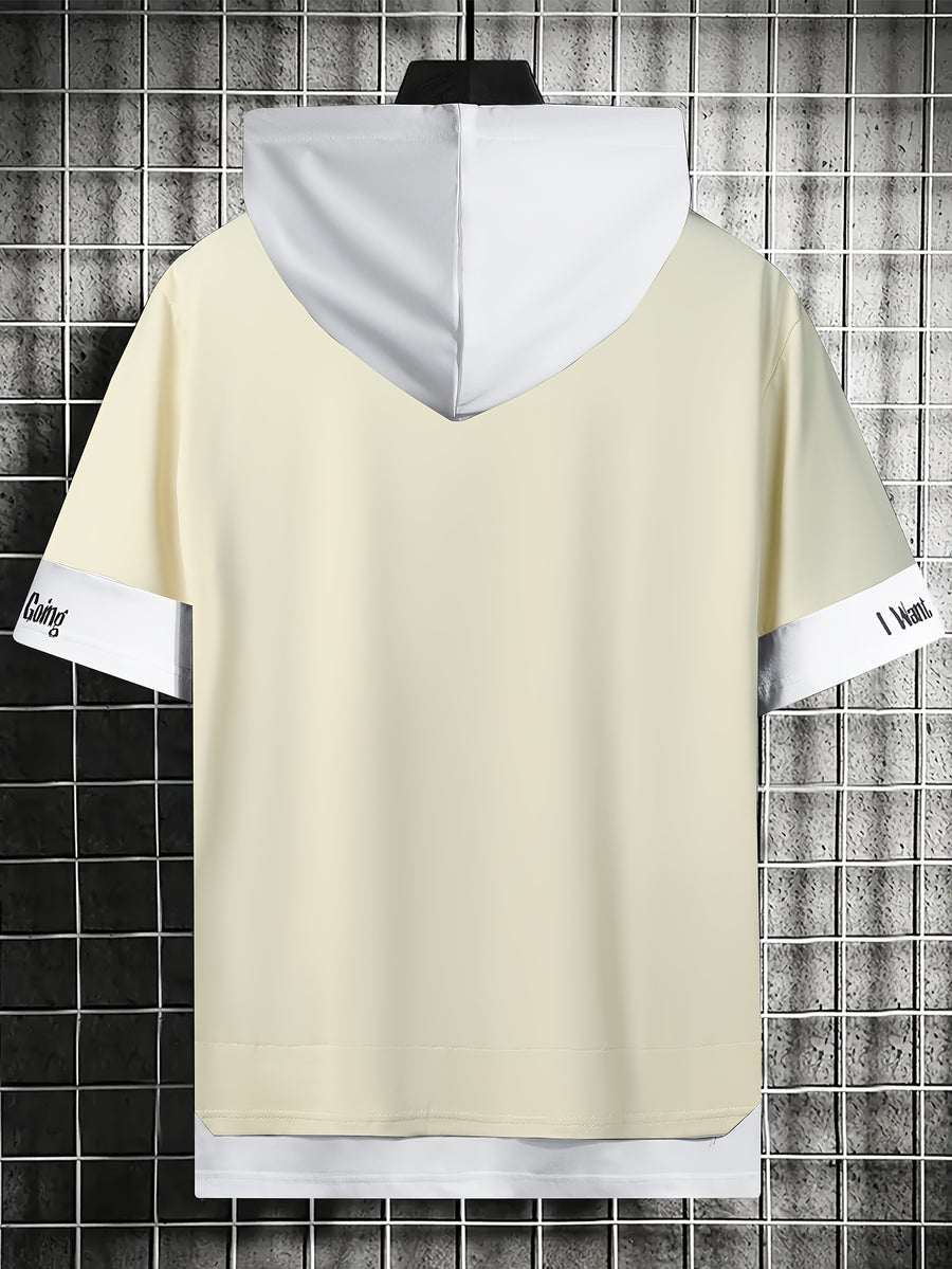 Color-Block Hooded Men'S Casual Letter Print Faux Two-Piece Short Sleeve T-Shirt - Khaki