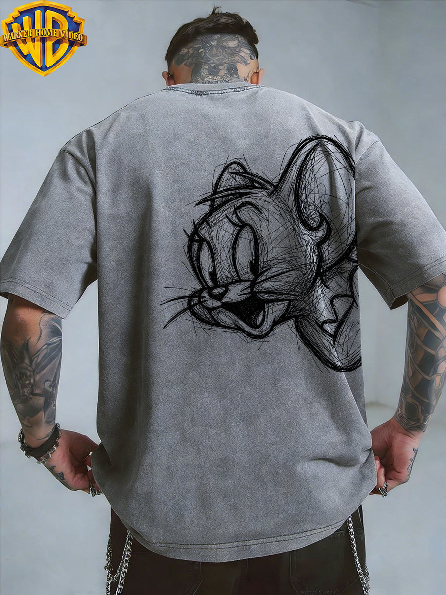 [Warner Bros] Official Authorization, Men's Short Sleeved Fun Cartoon Print Design, American Retro Washed Distressed T-shirt, Outdoor Sports and Leisure Clothing, Daily Commuting, Machine Washable - Grey