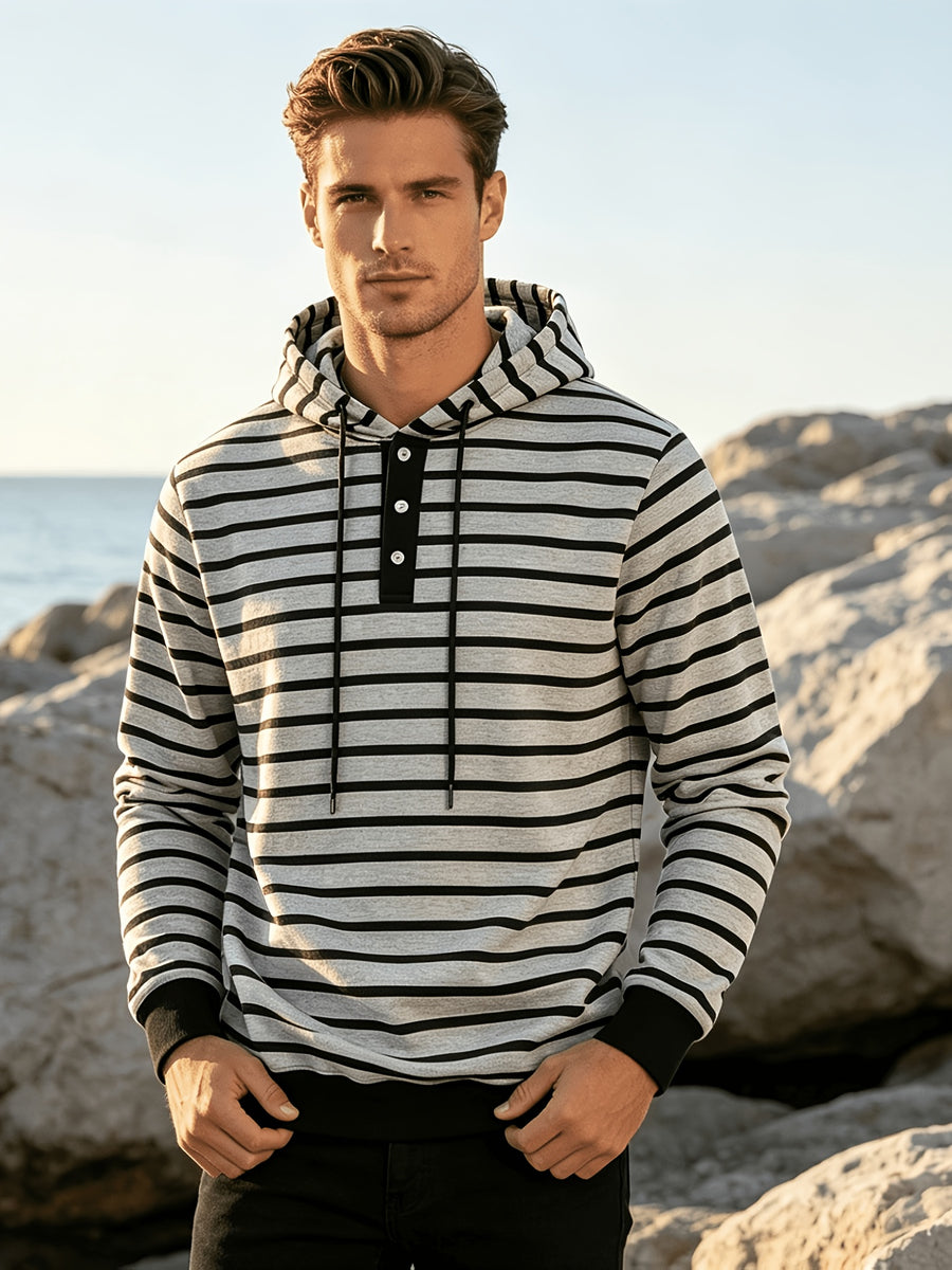 Autumn/Winter 2026 New Arrival Men's Casual Loose Striped Minimalist Trendy Color-Block Henry Hooded Sweatshirt - Light Grey