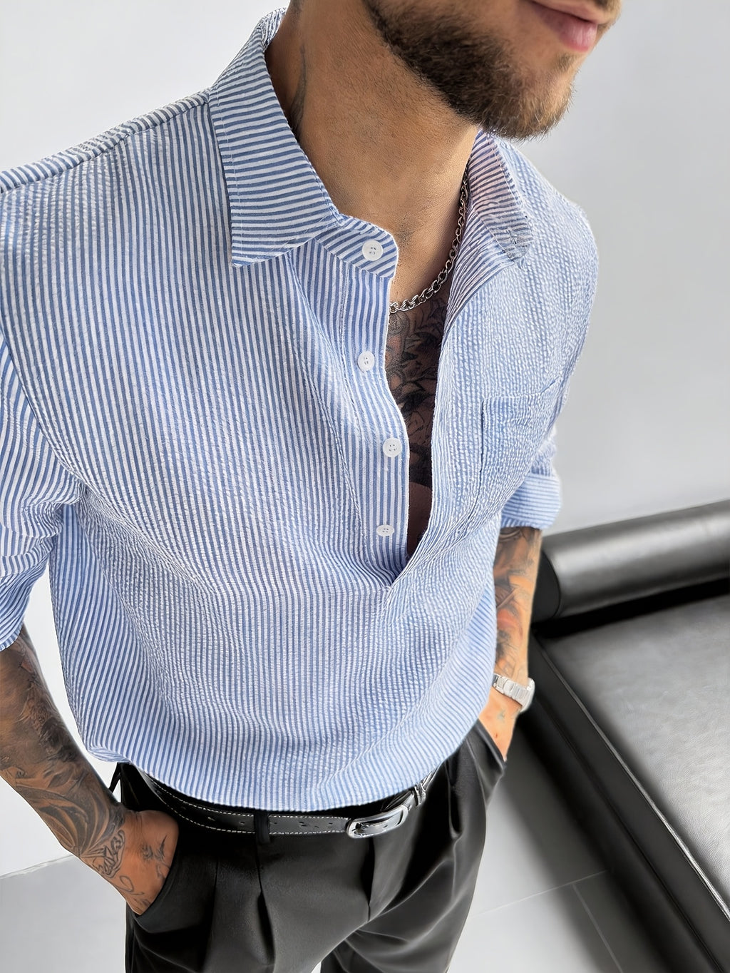 Men's Blue and White Striped Seersucker Shirt, Loose Fit Casual Long Sleeve Men's Shirt, Lightweight and Breathable, Outdoor Beach Vacation Men's Top, Suitable for Vacations, Parties, and Daily Office Wear. Men's Gift. Shirt - Azure