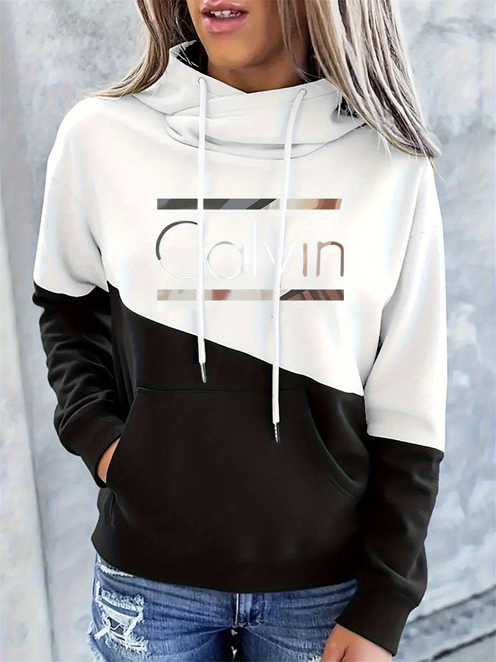 Women's Fashion Color Block Letter Pattern Casual Hooded Sweatshirt - Black And White Color