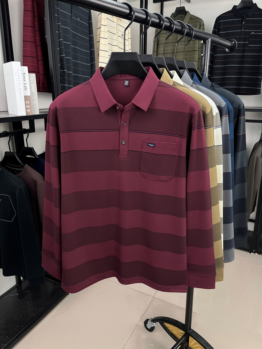 Autumn Men'S Long Sleeve T-Shirt 2026 New Style Wide Stripe Lapel with Real Pockets Casual Long Sleeve POLO Shirt - Red