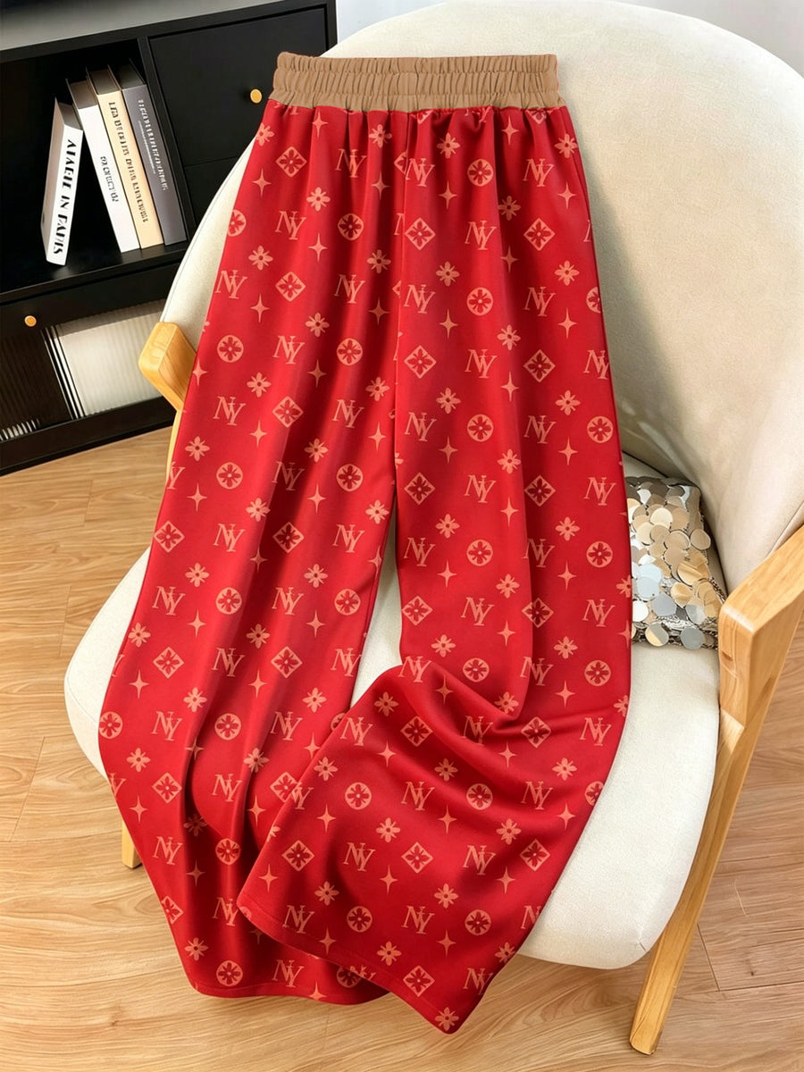 Women's Minimalist Printed Casual Pants, Drawstring Pocket Straight-Leg Trousers, Machine Washable and Hand Washable - Red