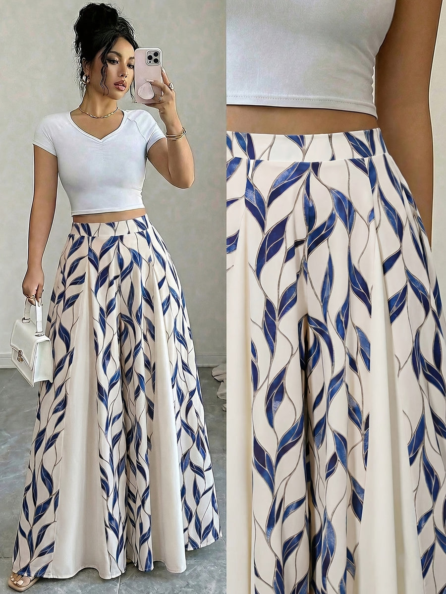 Women'S Elegant Printed Patchwork A-Line Long Skirt Pants - Blue
