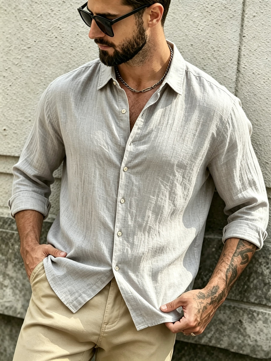 The Preferred Gift for Back to School Season Is Men's Casual Shirts. Spring and Autumn Long Sleeved Shirts Are Trendy, Loose, Solid Color, Breathable and Versatile Tops, Making Them the Perfect Holiday Gift - Light Grey