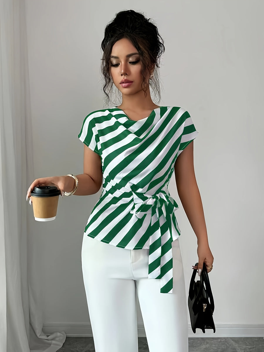 Women's Elegant Commuter High-Neck Striped Print Vacation Casual Shirt - Green