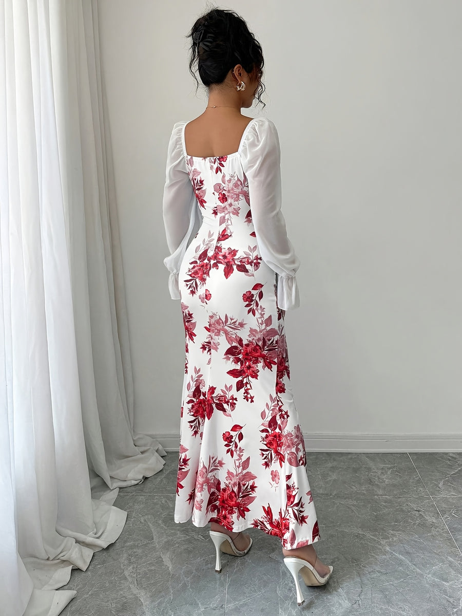Women's Elegant Square Neck Dress with Chest Wrinkle Bow Accent - Slim-Fit Long Sleeve A-Line Dress, High Elasticity Fabric for Wedding, Date Night & Casual Attire, Machine Washable, All-Season A-Line Dress - Scarlet red