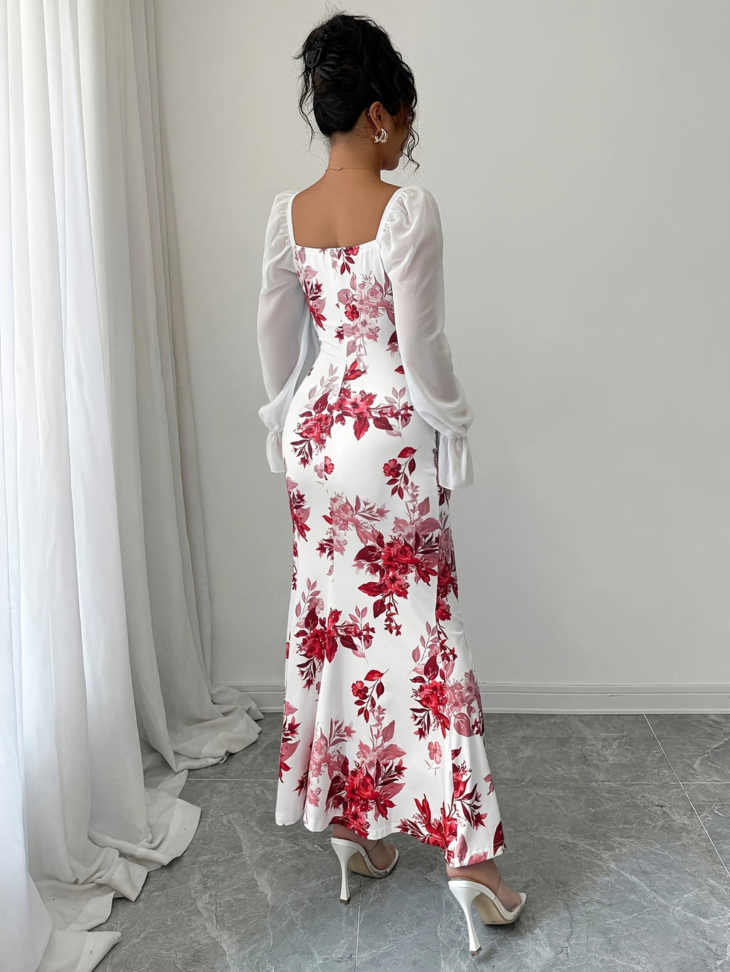 Women's Elegant Square Neck Dress with Chest Wrinkle Bow Accent - Slim-Fit Long Sleeve A-Line Dress, High Elasticity Fabric for Wedding, Date Night & Casual Attire, Machine Washable, All-Season A-Line Dress - Scarlet red