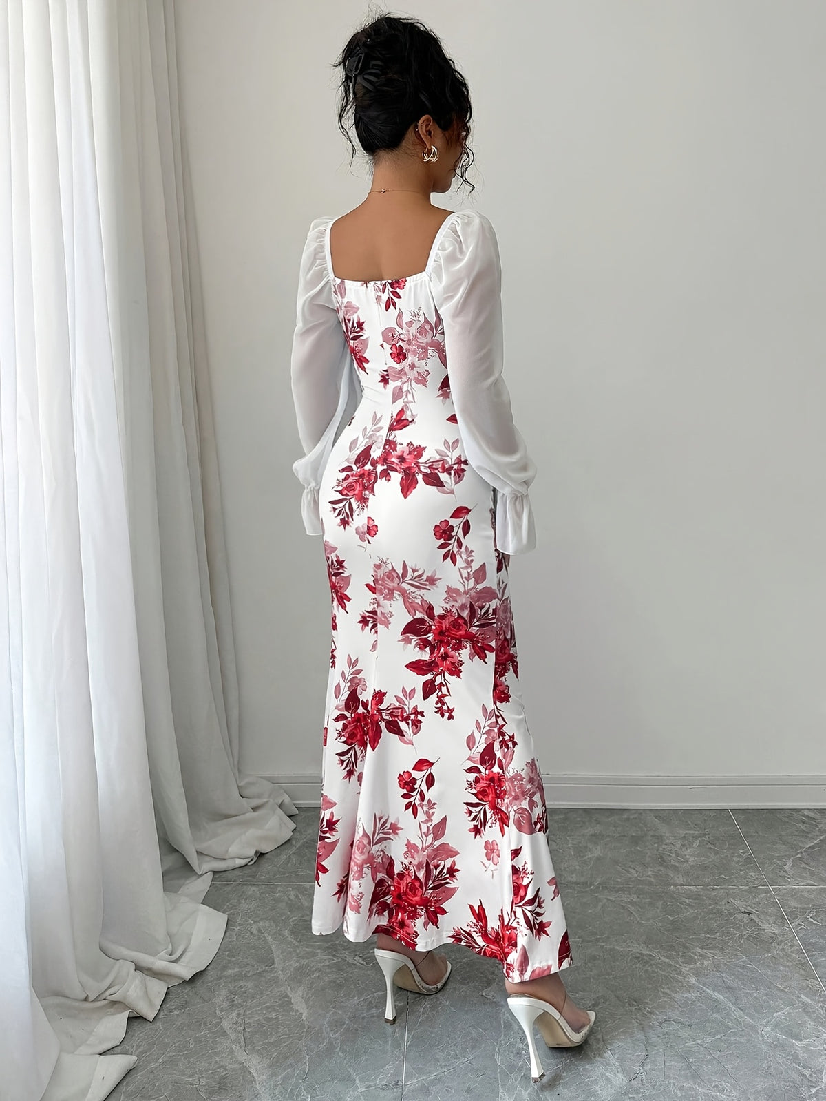 Women's Elegant Square Neck Dress with Chest Wrinkle Bow Accent - Slim-Fit Long Sleeve A-Line Dress, High Elasticity Fabric for Wedding, Date Night & Casual Attire, Machine Washable, All-Season A-Line Dress - Scarlet red