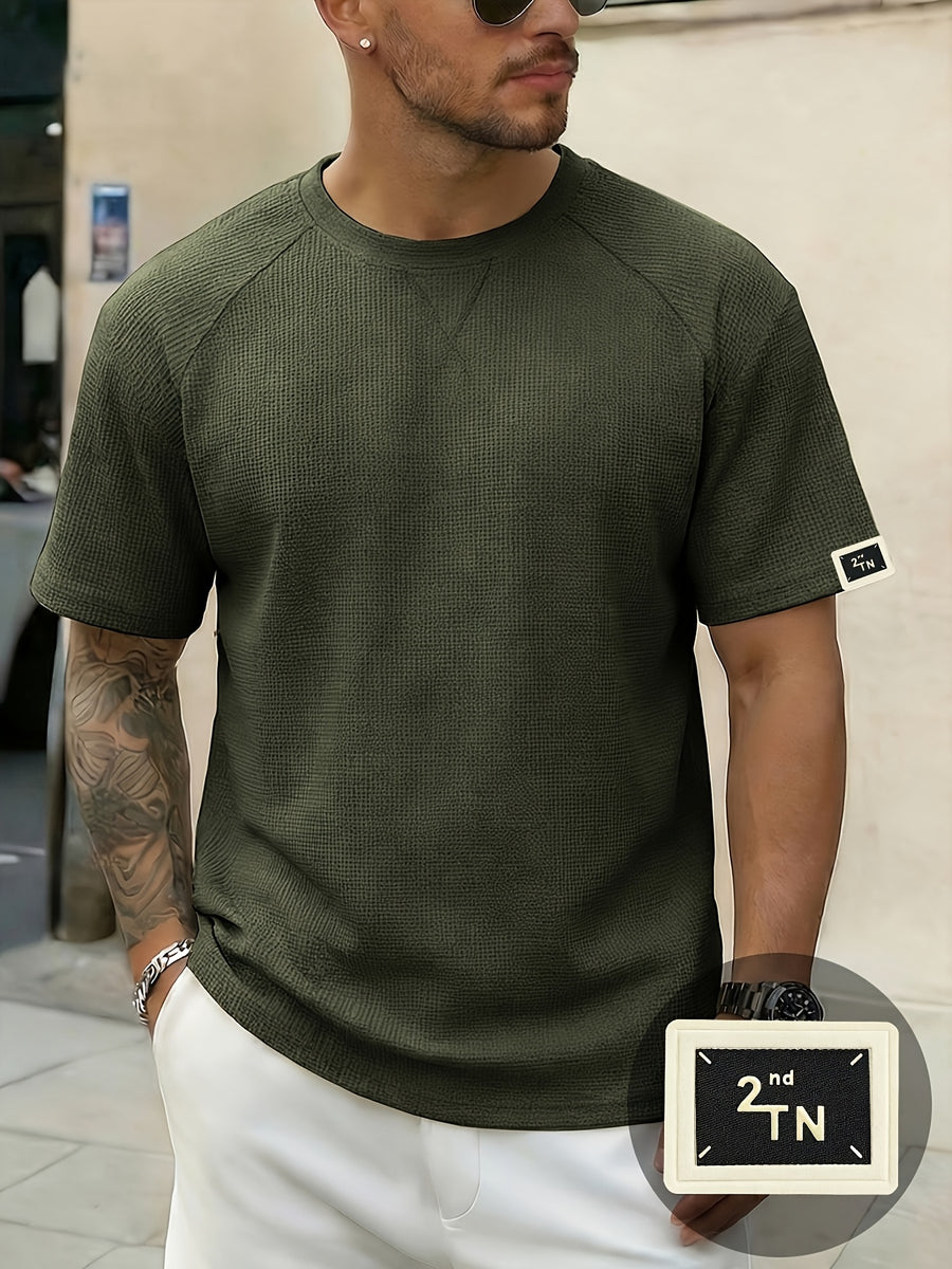 Men'S Waffle Knit Crew Neck T-Shirt, Lightweight And Breathable Short Sleeve Casual Tee with Premium Fashion Handcrafted Labeling. Comfortable Loose-Fit Summer Top Perfect for Daily Wear, Street Style, Vacations, Travel, Outdoor Activities - Army Green