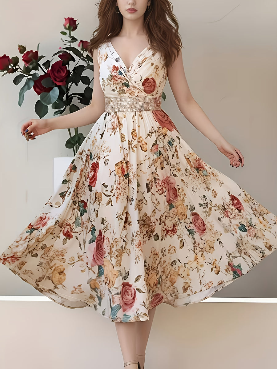 New Stylish And Elegant Sleeveless V-Neck Printed Dress for Women - Polychrome
