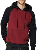 Men's Hooded Sweatshirt, Patchwork Sweatshirt, Casual and Versatile Two-Tone Fashion, Patchwork Two-Tone Hooded Sweatshirt, Raglan Sleeve Fashion Sweatshirt - Burgundy