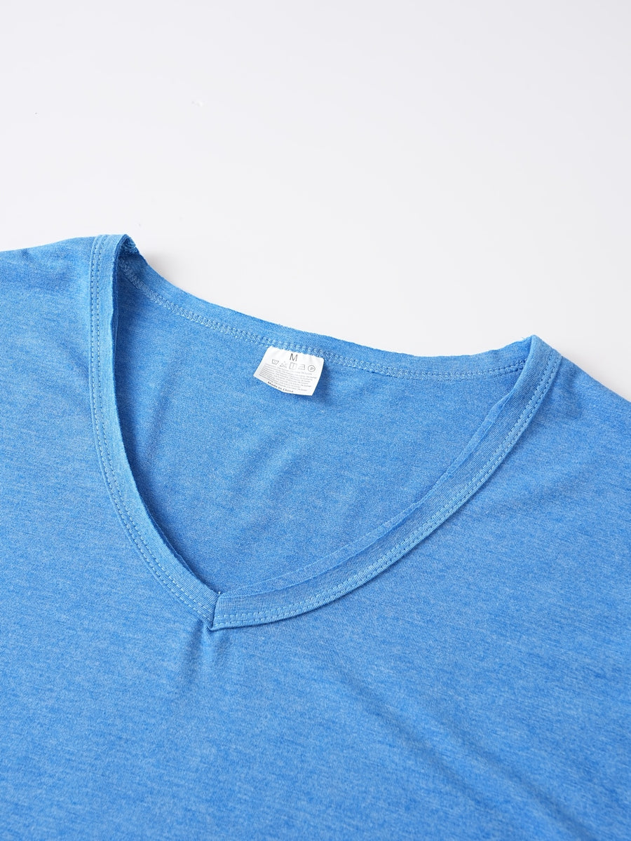 Men'S Basic V-Neck Short Sleeve High-Stretch Slight-Stretch Men'S T-Shirt 190G Regular Fit Commuter Base Layer Versatile Basic Style - Vibrant Blue