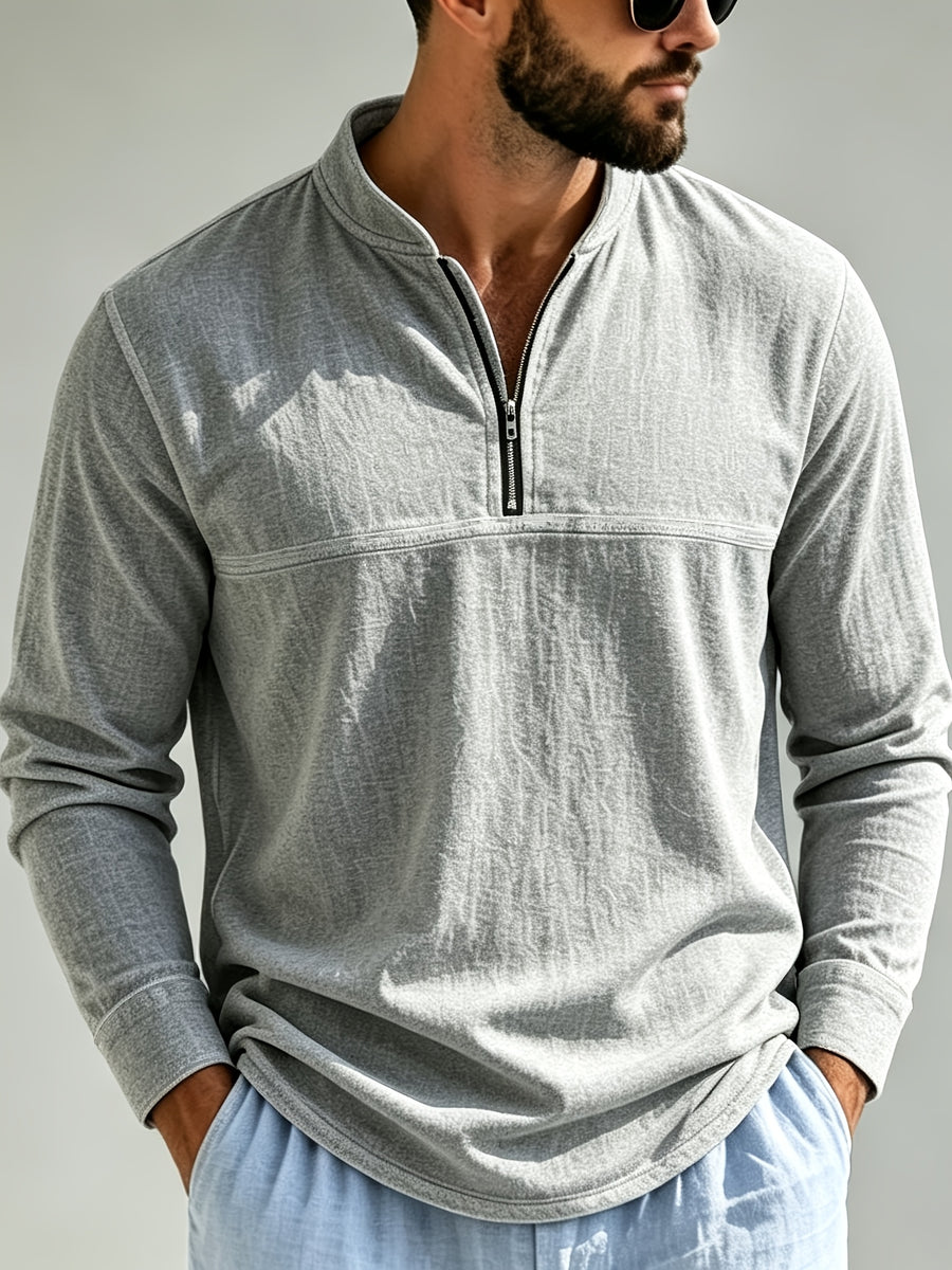 Men's Linen Long Sleeve Henley Shirt Stand Collar Loose Polo Shirt Men's Linen Zipper Casual Shirt - Grey