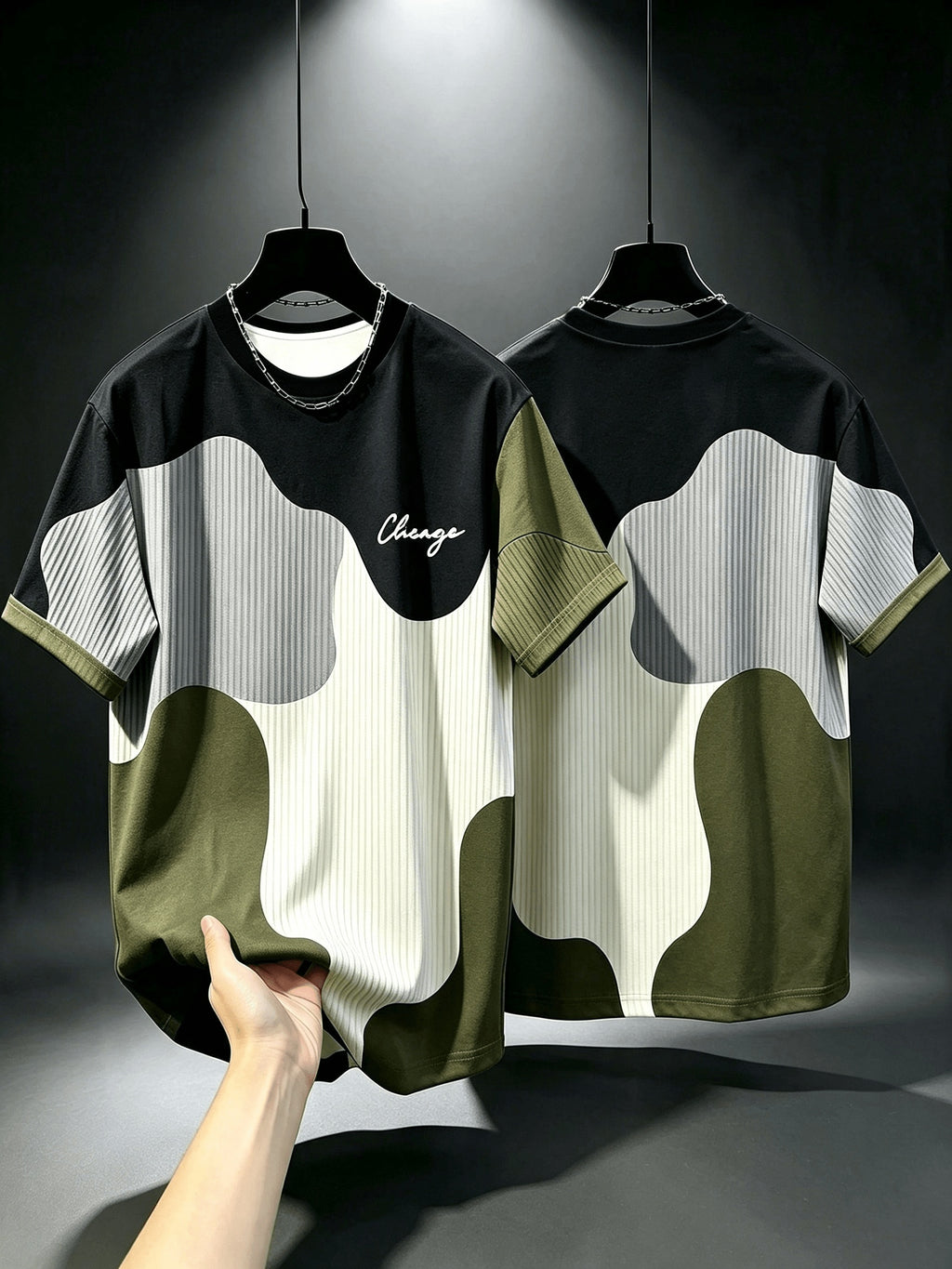 Printed Design - Non-Textured Men's Casual Crew Neck T-Shirt, Geometric Pattern Patchwork Stripe Design, Chicago Word "Chicago" Graphic, Draping Fashion Top, All-Season Wear, Breathable Regular Fit for Daily and Formal Outfits - Crew Neck Casual Top - Multicolor 6