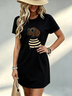 Printed Design - Not Textured, Casual, Ladies Dress, Cartoon Dog Graphic, Beach, Girlfriend, 100% Polyester Fiber - Black