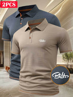 A06-1576BOSS Men's 2pcs Waffle Knit Textured Short-Sleeve Polo Shirt, Three-Dimensional Breathable Non-Deforming T-Shirt, Summer Business Casual Versatile Durable Men's Top, Multiple Colors Available - Navy Khaki