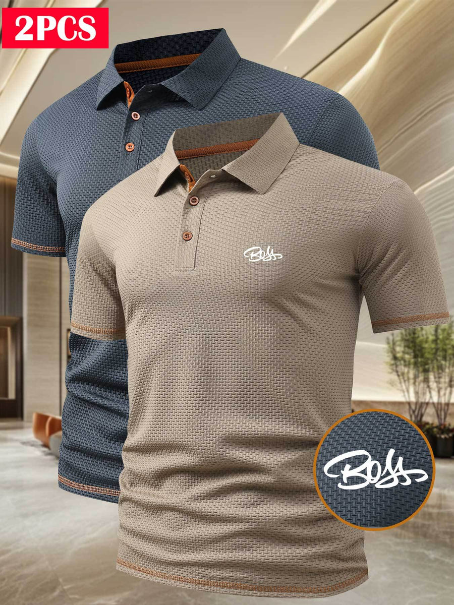 A06-1576BOSS Men's 2pcs Waffle Knit Textured Short-Sleeve Polo Shirt, Three-Dimensional Breathable Non-Deforming T-Shirt, Summer Business Casual Versatile Durable Men's Top, Multiple Colors Available - Navy Khaki