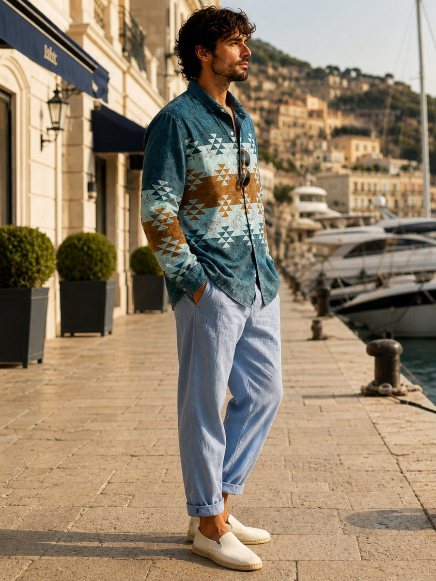 Men's Vintage Geometric Random Print Long-Sleeve Shirt, Classic Lapel Button-Up Casual Top, Vintage Aztec Style Regular Fit Fashion Shirt, Suitable for Vacations, Travel, Beach, Parties, and Daily Wear, Can Be Used as a Holiday Gift, Birthday Gift - Mixed colors