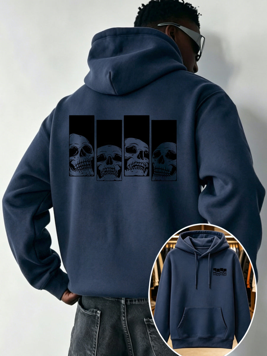 Modern Design Versatile and Stylish Men's Sports Hooded Sweatshirt - Daily Comfort - Casual Long-Sleeve Hoodie, Skull Vintage Arrangement Print, Men's Summer Essential, Comfortable Pattern Print Style, Multi-Scene Wear, First Choice for Fitness - Navy Color