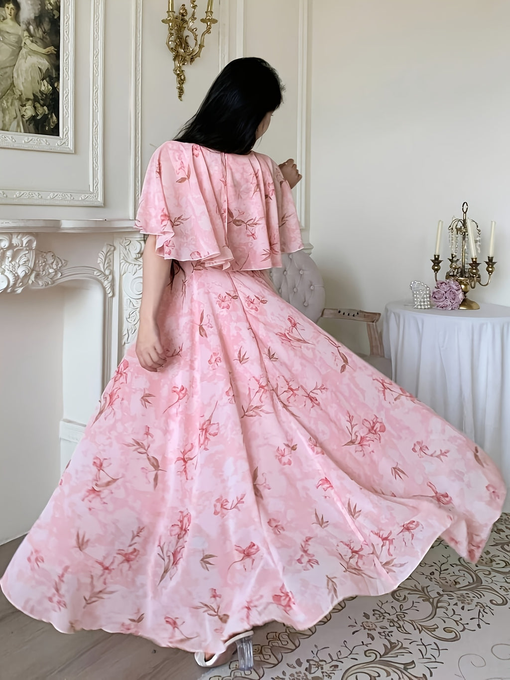 Elegant Women'S V-Neck Cape Design with Floral Print Chiffon Waist And Flared Dress - Pink