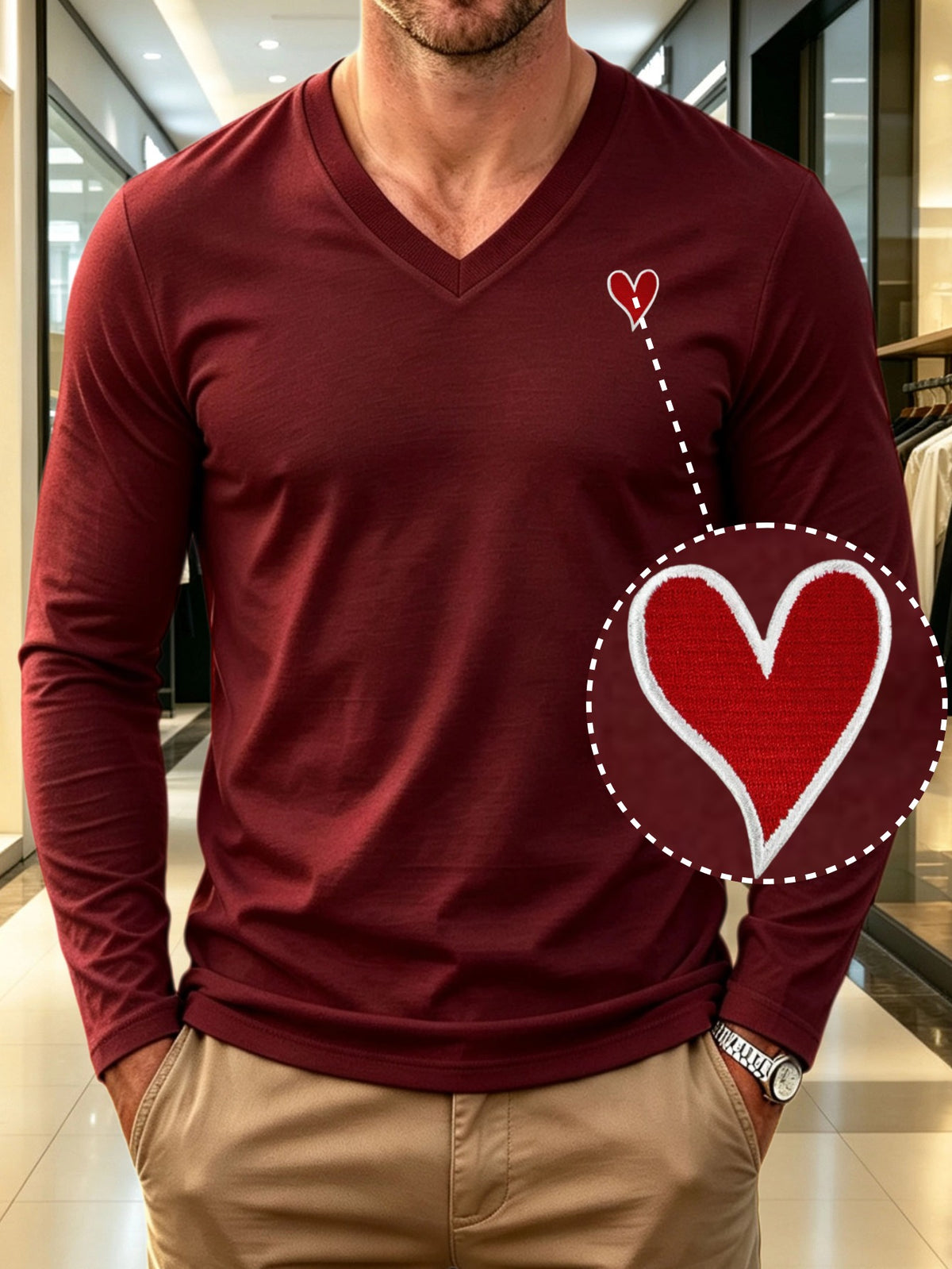 100% Cotton Men's V-Neck Long Sleeve Crewneck T-Shirt, Men's Knitted Sweatshirt, Casual Sport Outdoor Top, New Men's Casual Versatile T-Shirt, Back-to-School Season, Gift for Friends - Burgundy