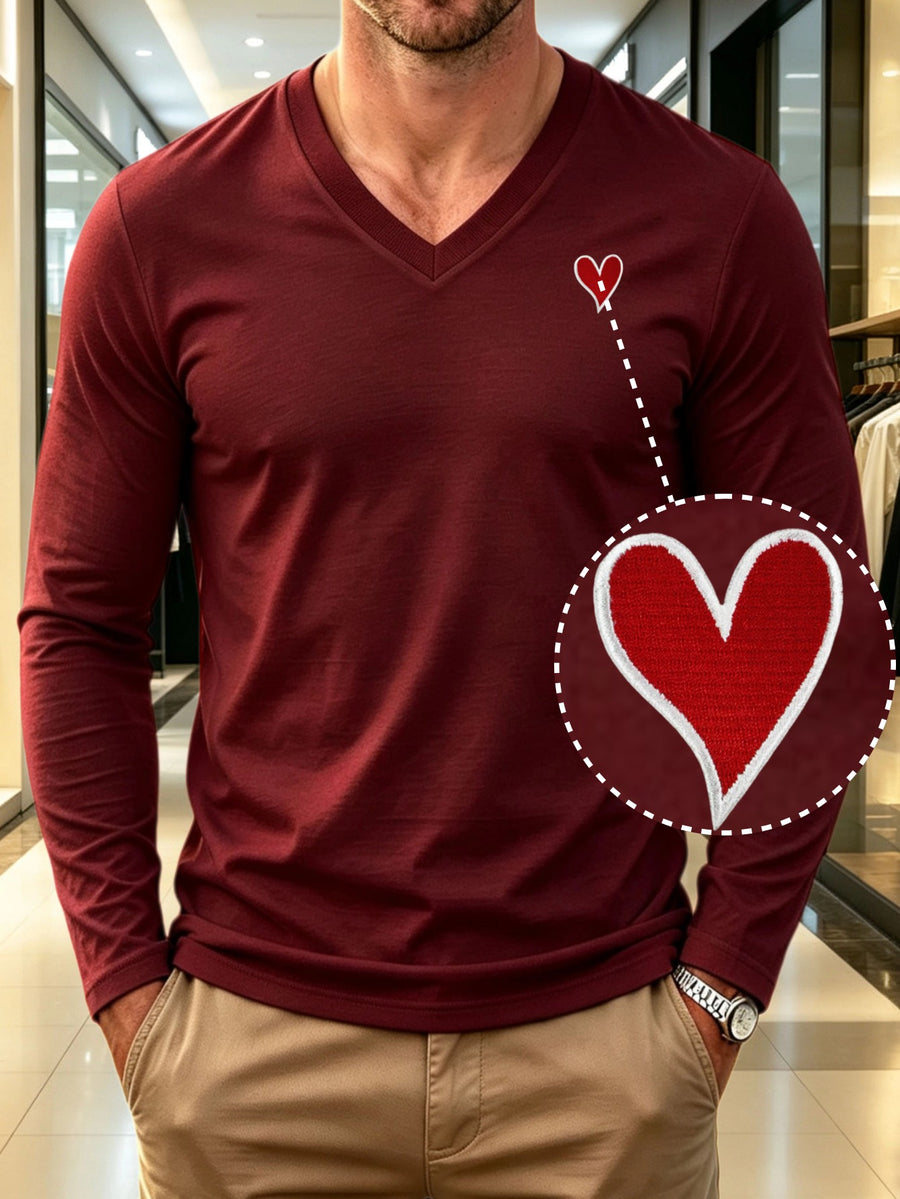 100% Cotton Men's V-Neck Long Sleeve Crewneck T-Shirt, Men's Knitted Sweatshirt, Casual Sport Outdoor Top, New Men's Casual Versatile T-Shirt, Back-to-School Season, Gift for Friends - Burgundy