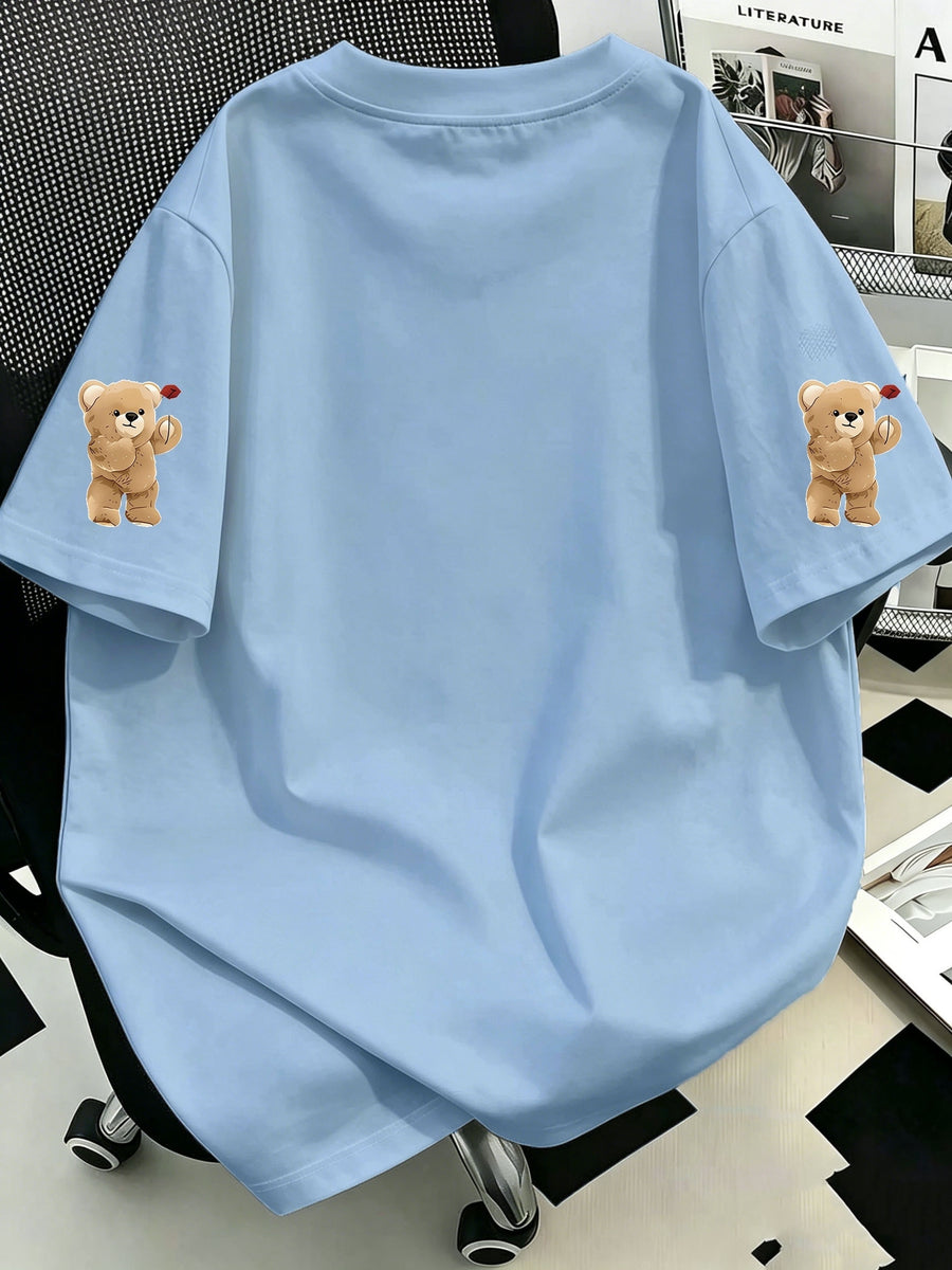 Women' Oversized Pocket Bear T-Shirt - Loose Fit Midi-Length Short Sleeve Round Neck -Compatible Top with Hip-Covering | Spring Summer Casual Wear Suitable for Layering, Machine Washable Non- Pocket Tee - Sky Blue