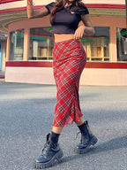 Tier 1 Directional Western Fashion Spring Autumn New Classic Red Check Bum-Fitting Half Skirt - Red