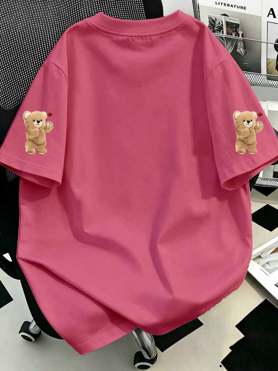 Women' Oversized Pocket Bear T-Shirt - Loose Fit Midi-Length Short Sleeve Round Neck -Compatible Top with Hip-Covering | Spring Summer Casual Wear Suitable for Layering, Machine Washable Non- Pocket Tee - Dusty Rose