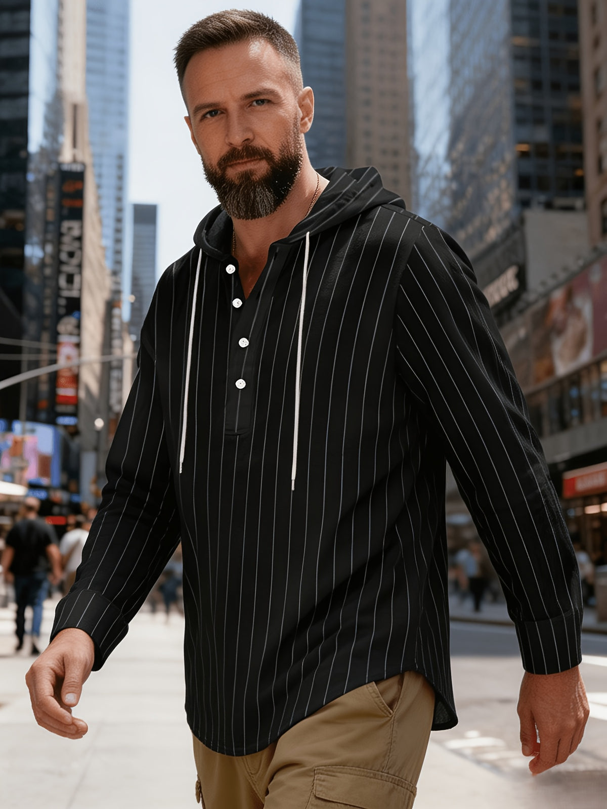 New Men'S All-Season Linen Shirt, Linen Striped Casual Long-Sleeve Hooded Top, Breathable And Comfortable, High Street Style - Black