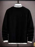 This Autumn and Winter Knitted Sweater for Men Features a Round Neck, Long Sleeves, and White Stitching at the Hem. It's a Trendy and Stylish Regular Style for Men - Black+White
