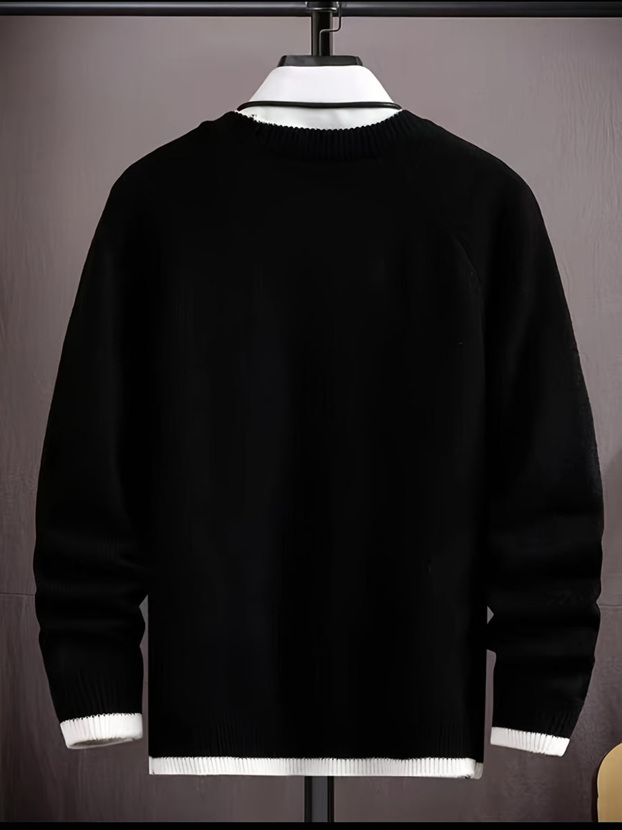 This Autumn and Winter Knitted Sweater for Men Features a Round Neck, Long Sleeves, and White Stitching at the Hem. It's a Trendy and Stylish Regular Style for Men - Black+White
