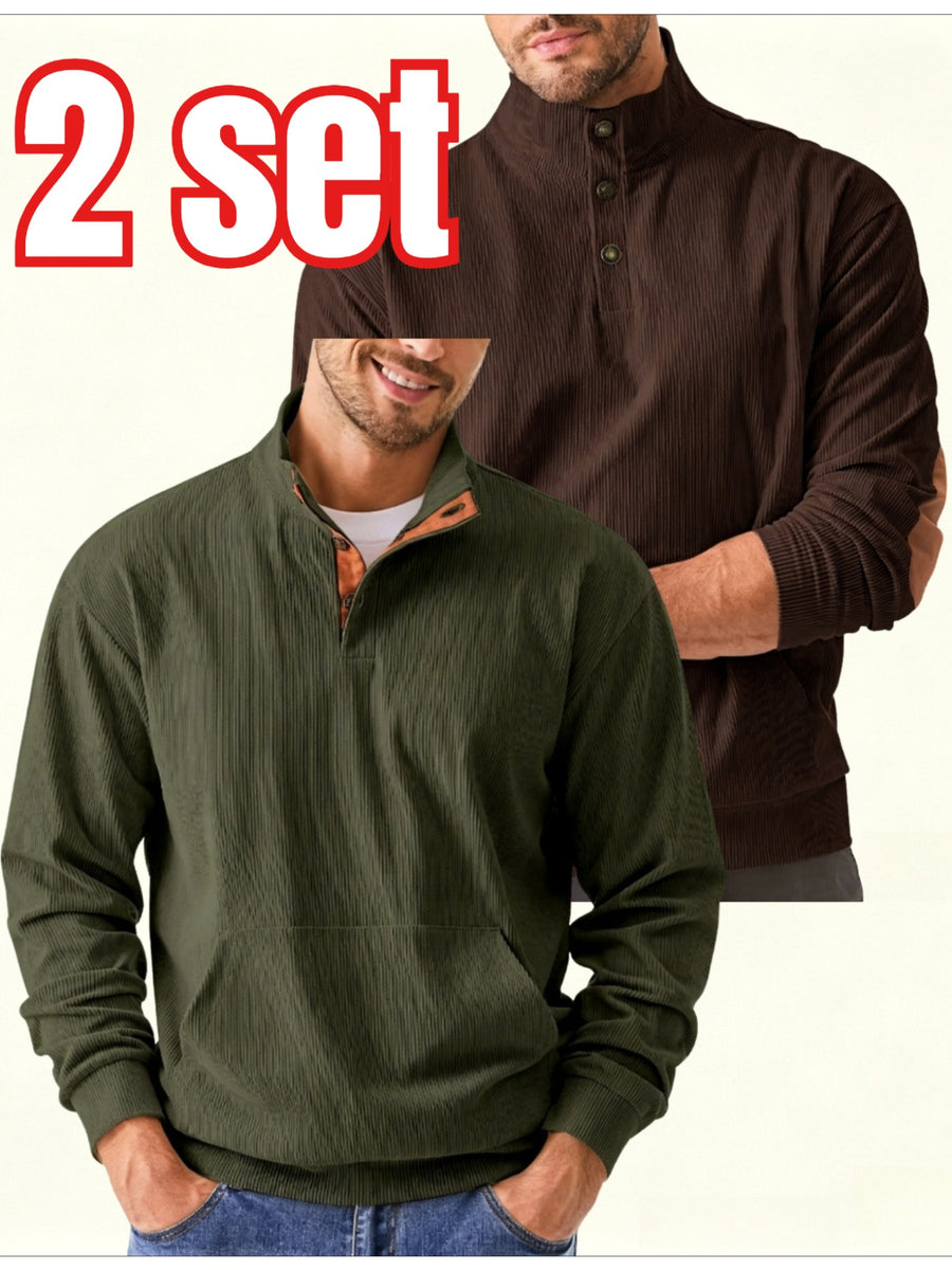 2pcs Men'S Corduroy Half-Button Stand Collar Long Sleeve Pullover Sweater, Contrast Color Button-Front Half-Open, Elbow Contrast Patchwork Decoration, Front Kangaroo Pocket, Ribbed Cuffs And Hem Retro Fashion Sweatshirt - zong+lv