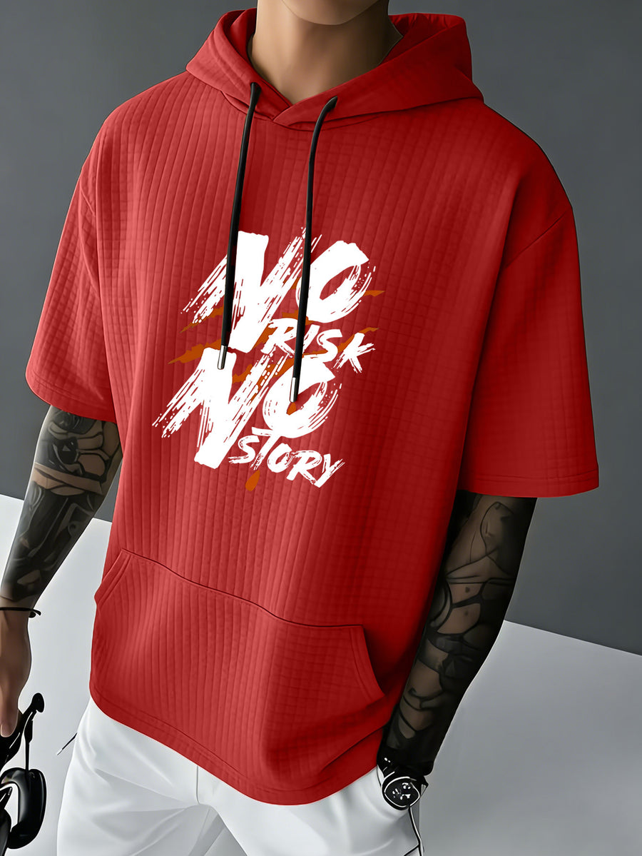 NO RISK NO STORY Men's Waffle Knit Short Sleeve Hoodie Top, Comfortable Printed Drawstring Sweatshirt T-Shirt with Pocket, Summer Casual Fashion Men's Apparel, Suitable for Outings and Home Wear, Suitable for Daily and Formal Wear, Summer Fashion - Red