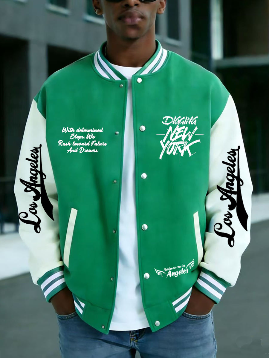 Men's Essential New Baseball Jacket: Color-Block Varsity Style New York Los Angeles Series Printed Jacket - Polyester, Baseball Collar, Pockets - 8 Colors Available for All Seasons, Versatile Fashion for Parties, Outings, and Outdoor Sports - Green