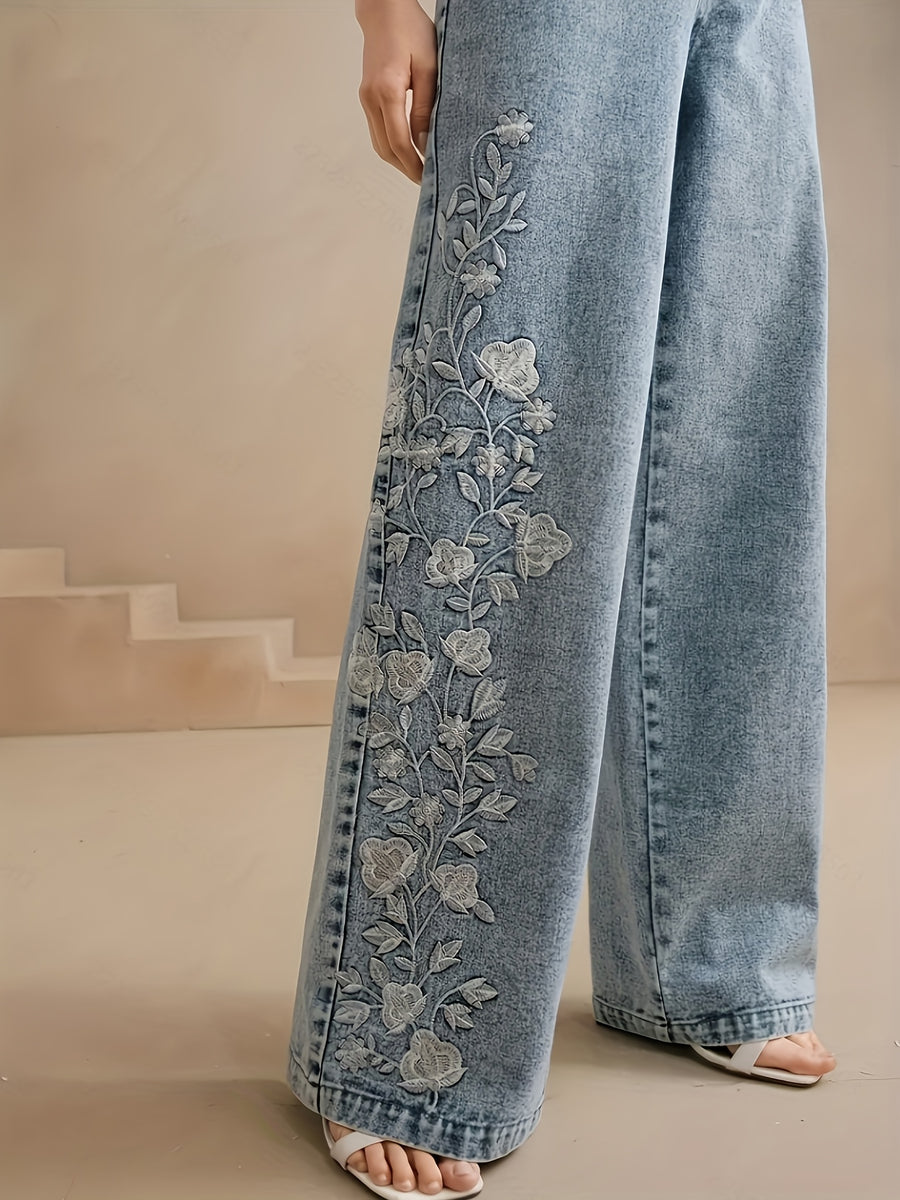 Women's Stretch Autumn/Winter Straight-Leg Jeans with Floral Embroidery - Medium Stretch, Machine Washable, Comfortable for All Seasons, Elegant for Casual and Formal Wear, Durable Fabric, Embroidered Pants, Fashionable for Women, Classic Solid Color - Light Blue