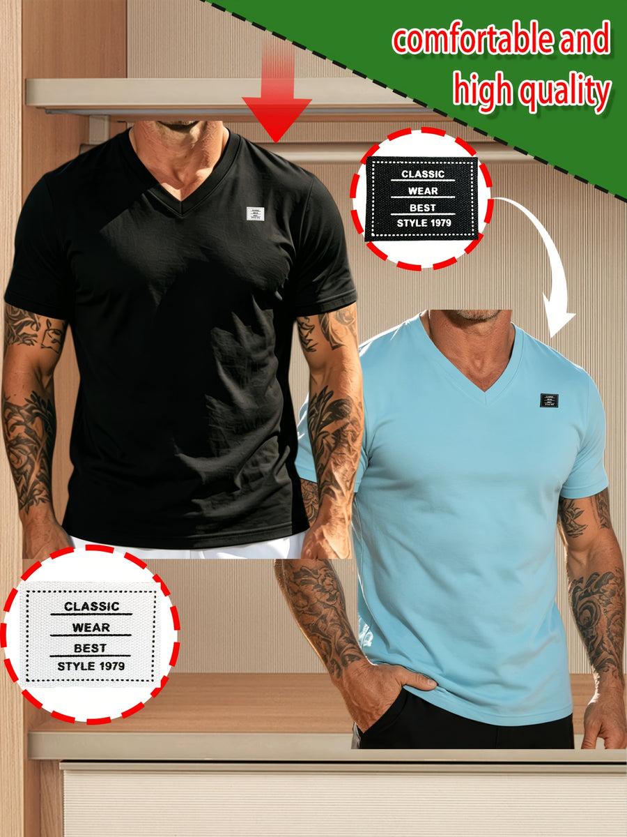 2pcs 100%, Men'S Knitted Solid V-Neck T-Shirt, Men'S T-Shirt New Chapter Design, Summer Global All-Season Base Layer Factory Made Men Comfortable High Quality High Fit Rate Casual Sports Top - Black+Sky Blue