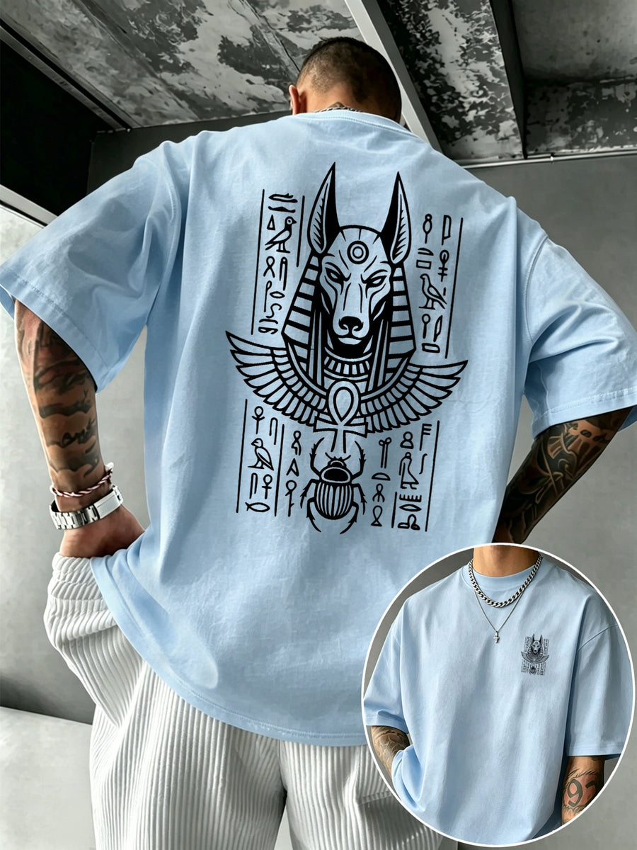 Men's 100% Pure Cotton T-Shirt with Anubis Scarab Egyptian Element Print, Casual, Comfortable, and Breathable for All Seasons - Light Blue Color