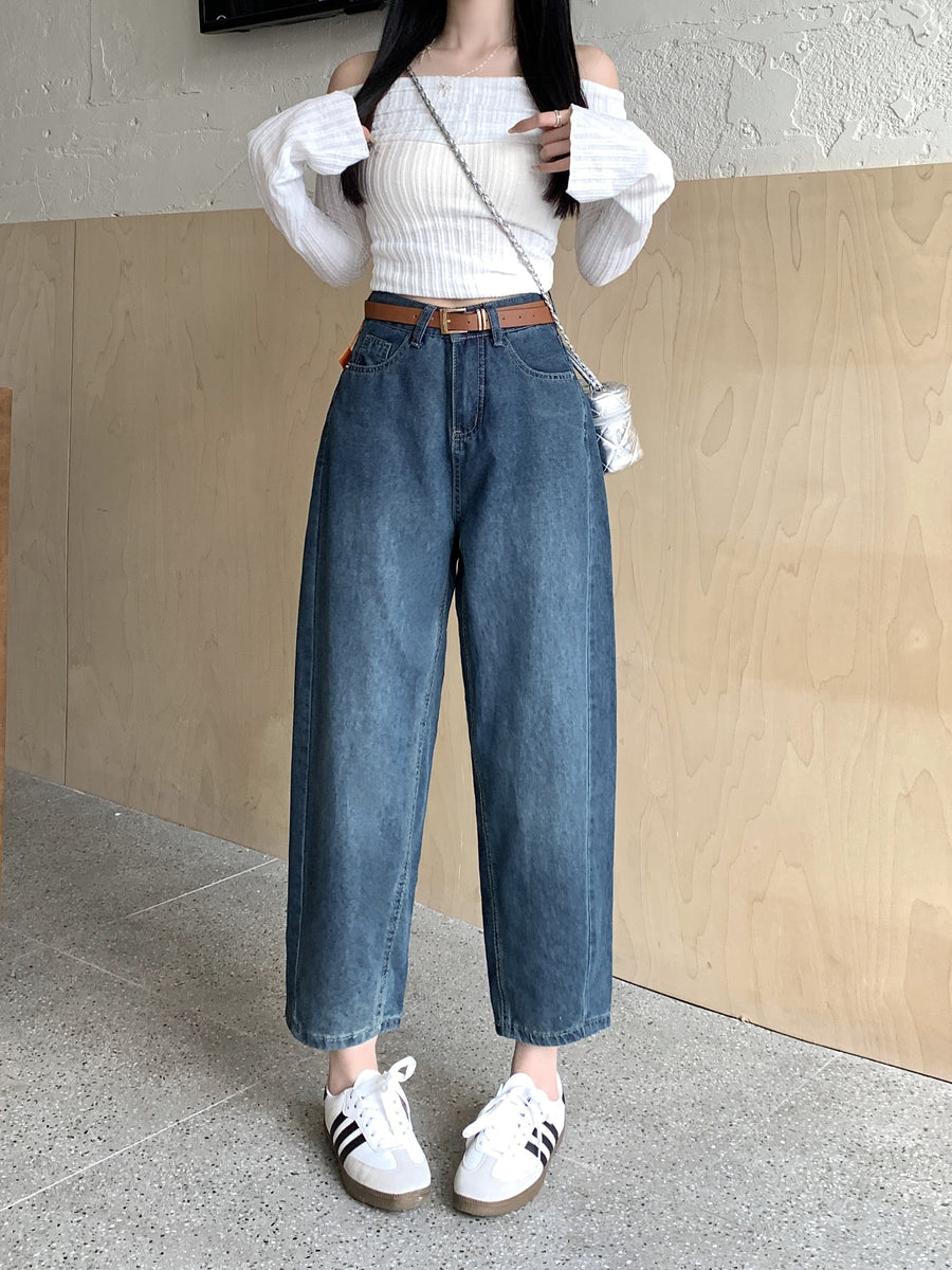 1pc Western New Women'S Fashion Comfortable - Design Sense, Loose All-Match/Daily Commute Harem Dad Pants Carrot Jeans, Elastic Waist Ankle Pants, Belt Not Included - Medium Blue