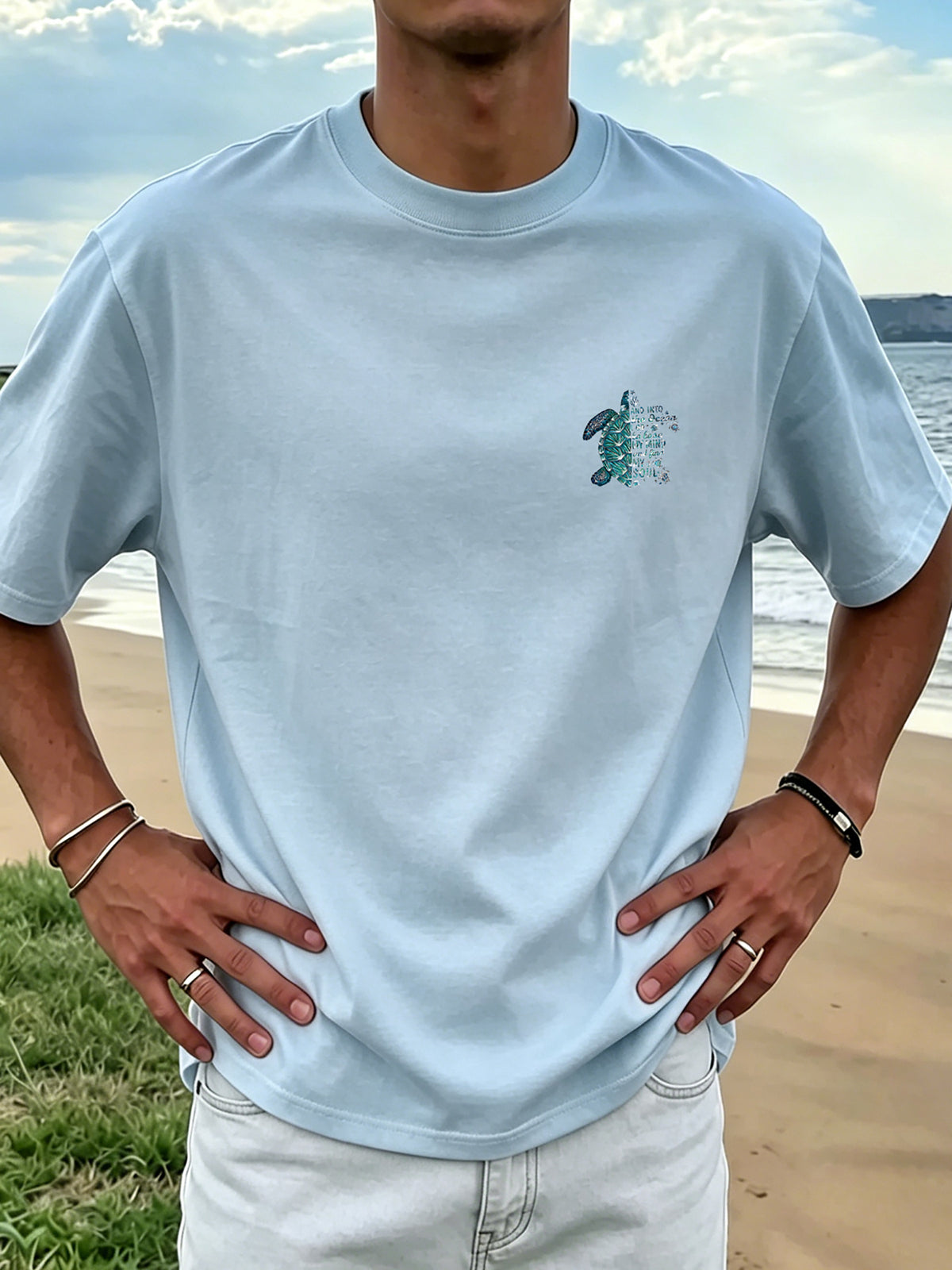 New Men'S 100% T-Shirt with Turtle Print, Comfortable And Breathable for Summer Casual Vacation - Light Blue Color
