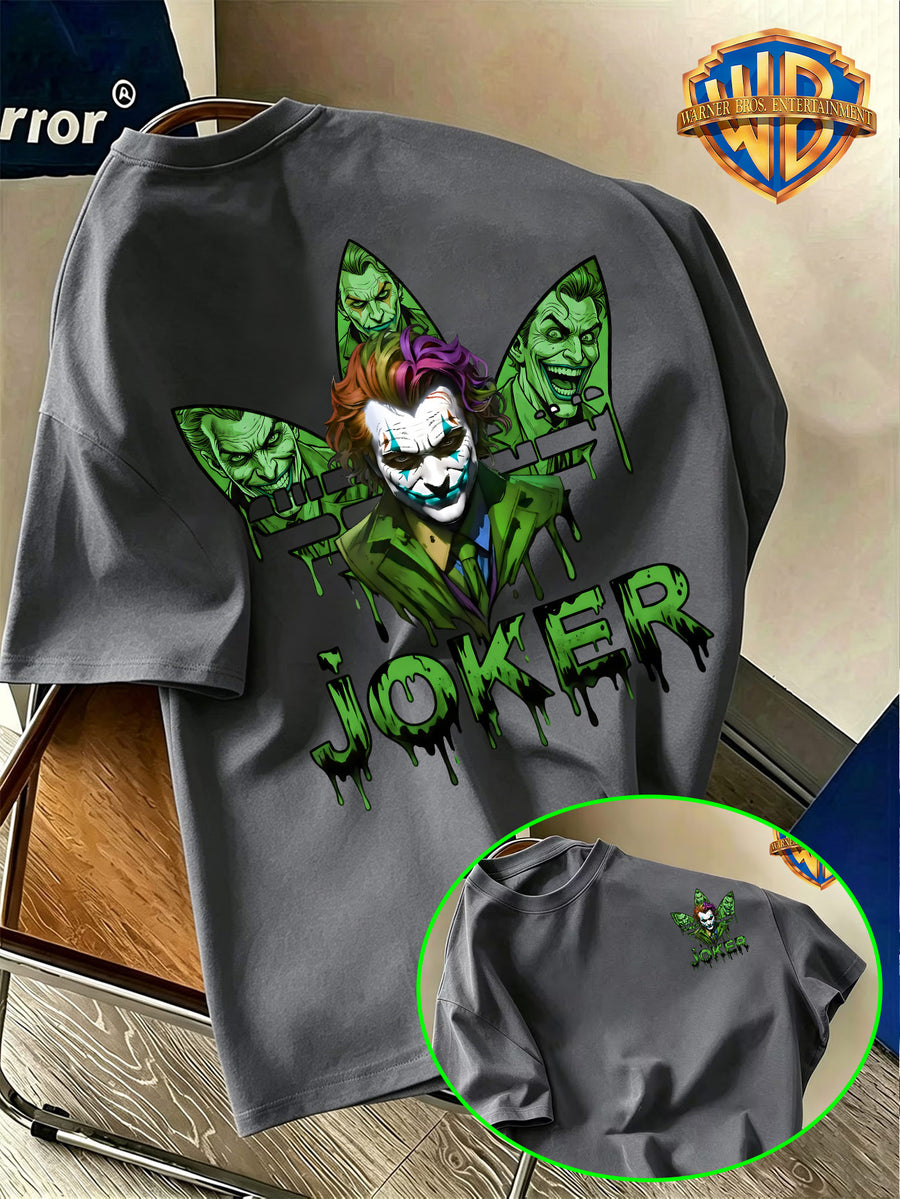 Warner Bros. Official Western Movie Character Trendy Green JOKER Clown Print T-Shirt, American Retro Casual Short Sleeve, Men'S Casual Comfortable Multi-Functional Loose Summer Short Sleeve T-Shirt, Suitable for Outdoor Wear, Gym - Dark Gray