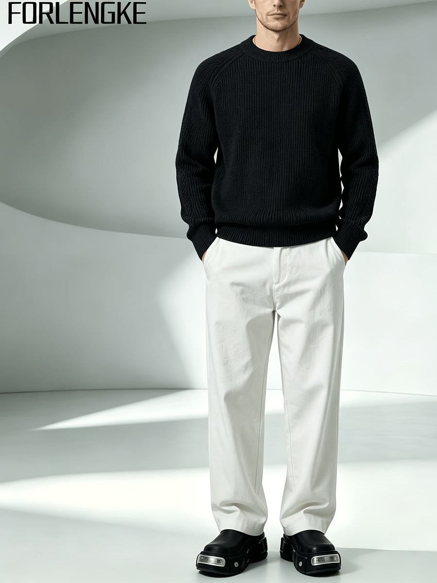 FORLENGKE Men'S Crew Neck Knitted Pullover with Vertical Cable Texture, Perfect for Solo Wear in Autumn And Winter to Show Texture Or Layered for a Stylish Look, Suitable for Shopping, Going Out, Parties, And Various Daily Occasions - Black