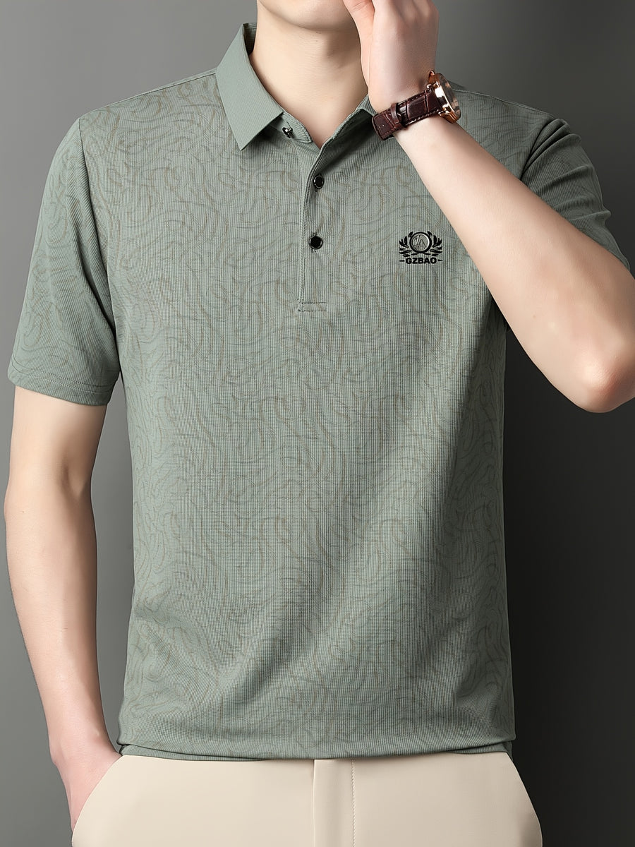 [Saa Xing OBM] 1pc Spring/Autumn New Men'S Polo Shirt, Old Money Style Textured Contrast Print Half-Button Collar Short Sleeve T-Shirt, Fashionable And Versatile Pullover Base Layer Top, Suitable for Spring, Summer, Autumn Wear, Fits Daily Casual - Bean Green