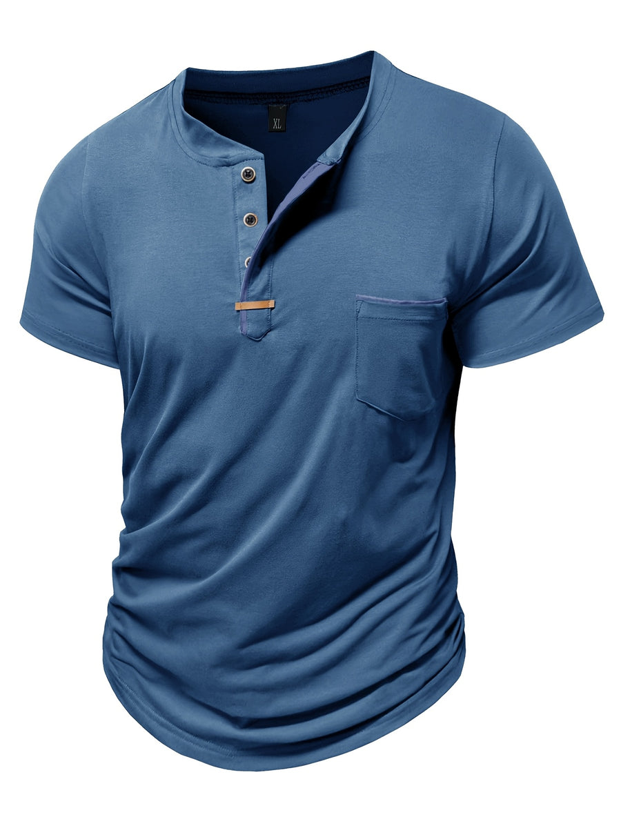 Fashion Men's Summer Short-sleeve T-shirt, Casual Round-neck Henley Shirt with Pocket - Blue