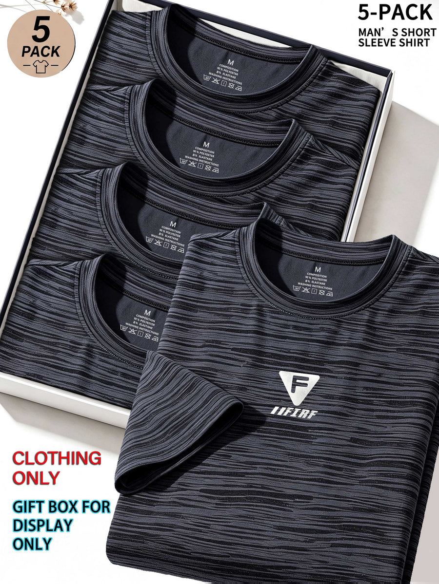 5pcs Men's Sports & Fitness Breathable Quick-Dry T-Shirts, Outdoor Travel Casual Running Printed Short-Sleeve Tees, Easy to Clean and Maintain, Lightweight T-Shirts for Daily Leisure and Gatherings, Classic Crew Neck Shirts - Dark Gray - 5PCS