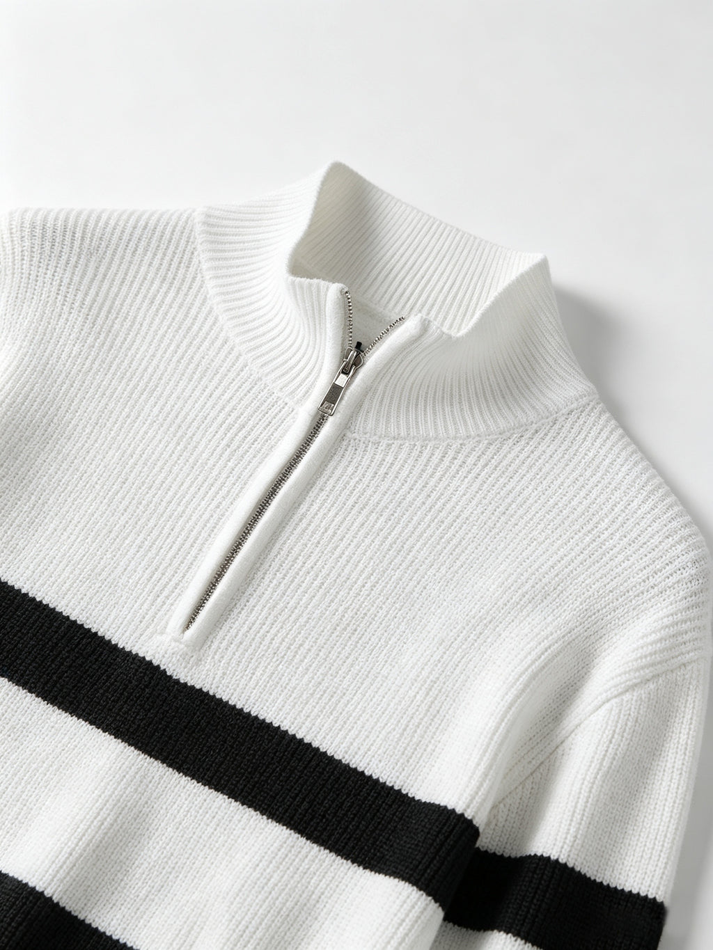 Men'S Semi-High Neck Zipper Knit Sweater, Wide Horizontal Stripe Long Sleeve Pullover, Casual Loose Knit Jacket - White