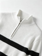 Men'S Semi-High Neck Zipper Knit Sweater, Wide Horizontal Stripe Long Sleeve Pullover, Casual Loose Knit Jacket - White